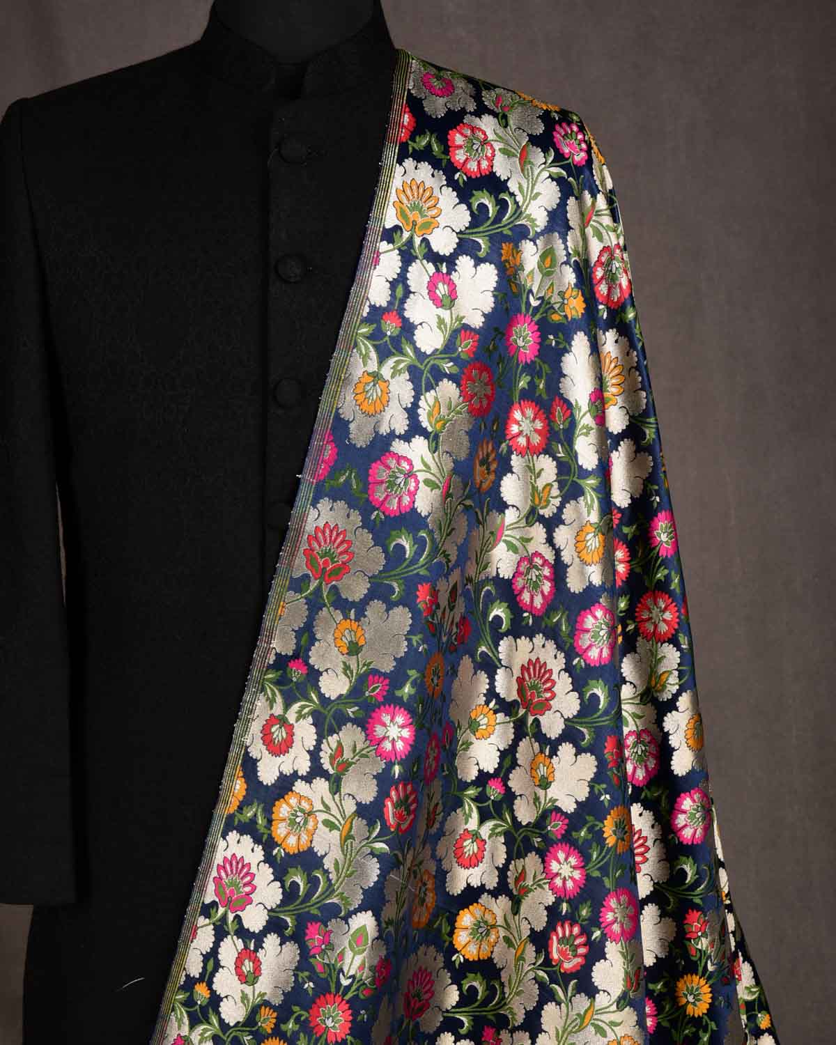 Navy Blue Multi-Color Floral Jaal Satin Kimkhwab Brocade Handwoven Viscose Silk Banarasi Fabric-HolyWeaves