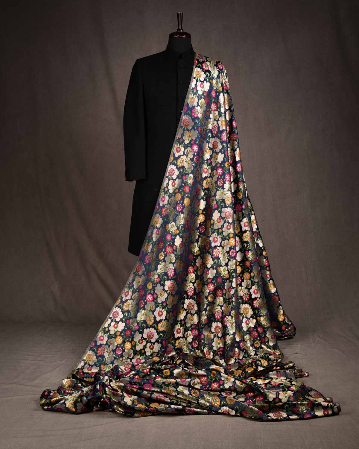 Navy Blue Multi-Color Floral Jaal Satin Kimkhwab Brocade Handwoven Viscose Silk Banarasi Fabric-HolyWeaves