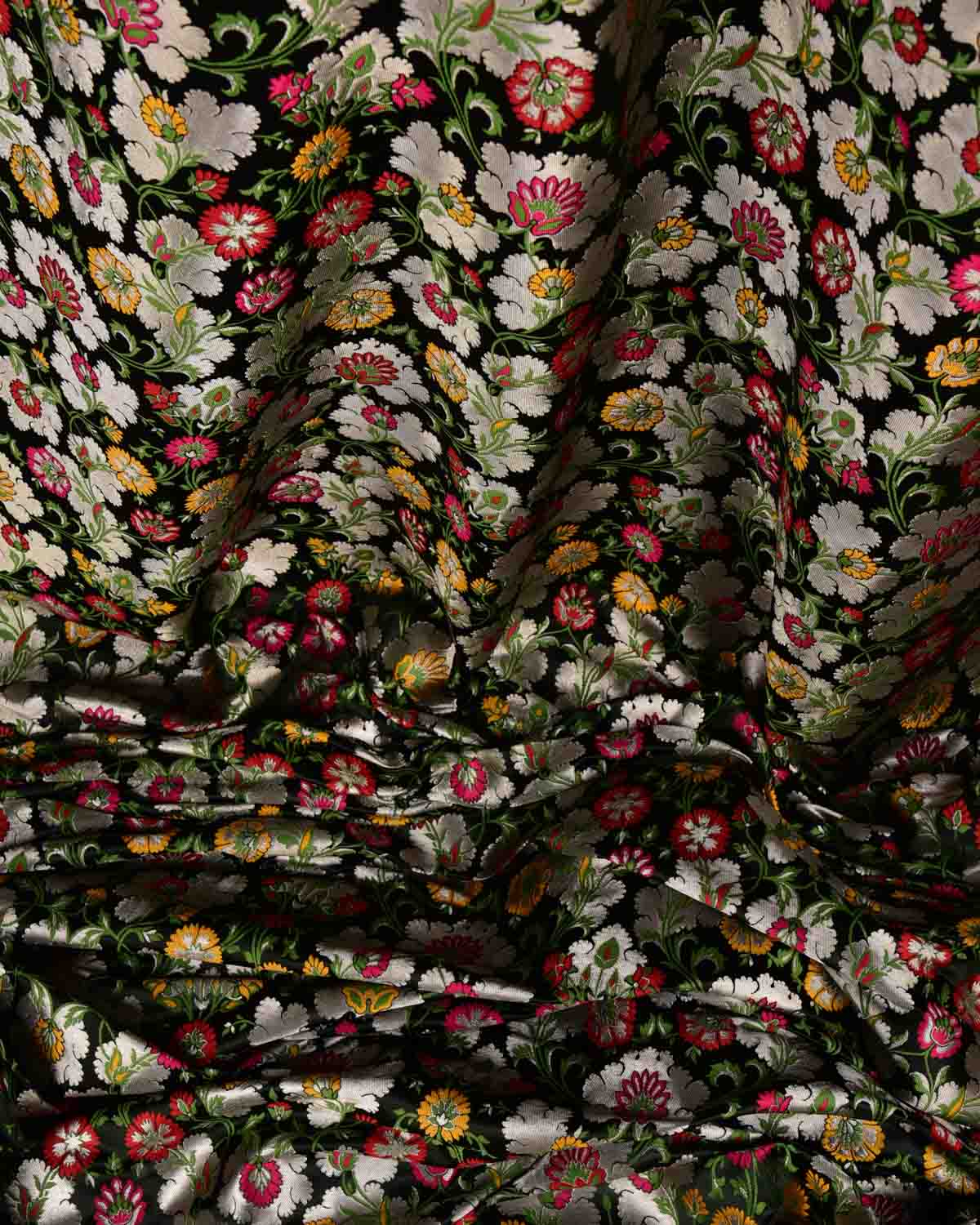 Black Multi-Color Floral Jaal Satin Kimkhwab Brocade Handwoven Viscose Silk Banarasi Fabric-HolyWeaves