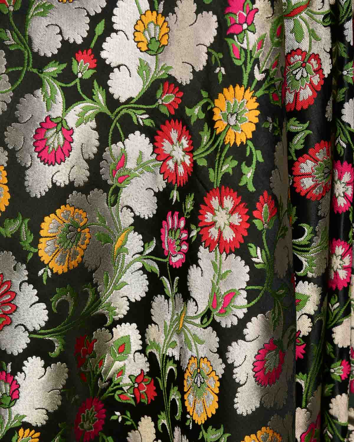 Black Multi-Color Floral Jaal Satin Kimkhwab Brocade Handwoven Viscose Silk Banarasi Fabric-HolyWeaves