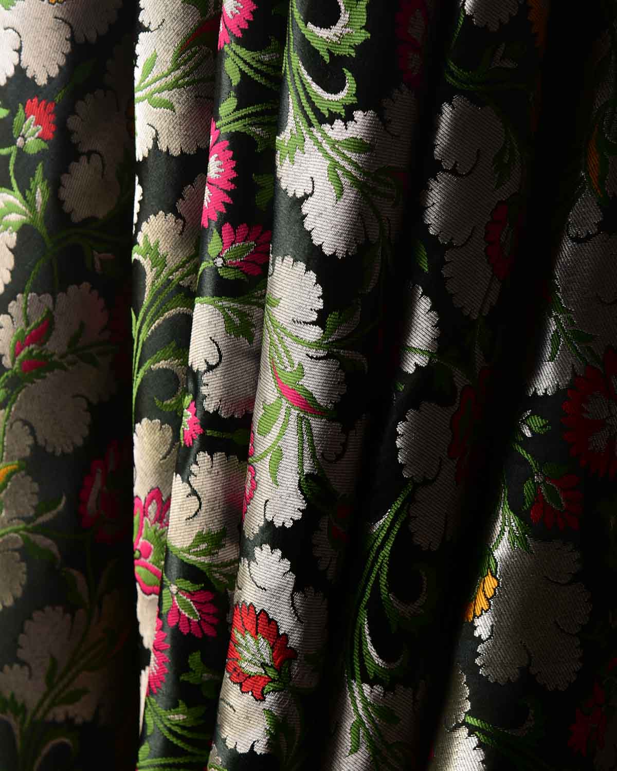 Black Multi-Color Floral Jaal Satin Kimkhwab Brocade Handwoven Viscose Silk Banarasi Fabric-HolyWeaves