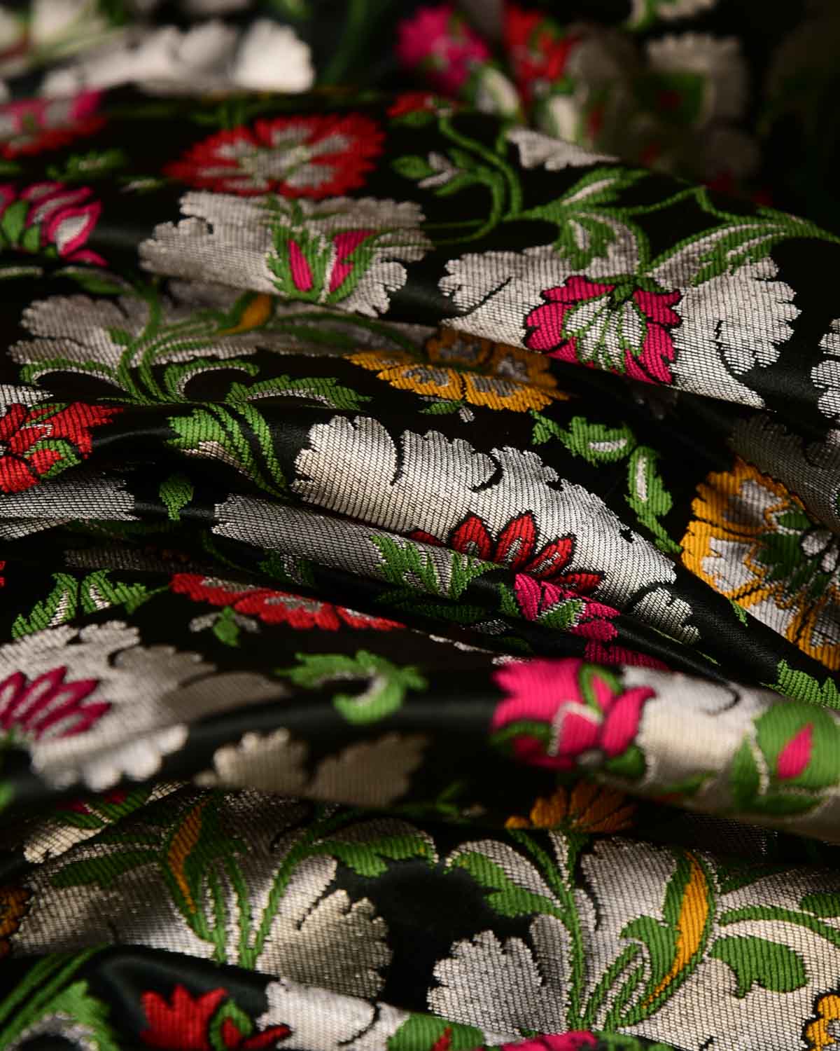 Black Multi-Color Floral Jaal Satin Kimkhwab Brocade Handwoven Viscose Silk Banarasi Fabric-HolyWeaves