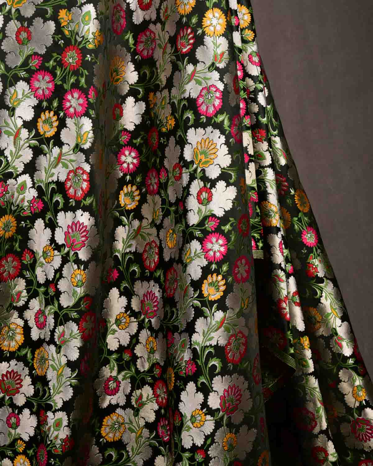 Black Multi-Color Floral Jaal Satin Kimkhwab Brocade Handwoven Viscose Silk Banarasi Fabric-HolyWeaves