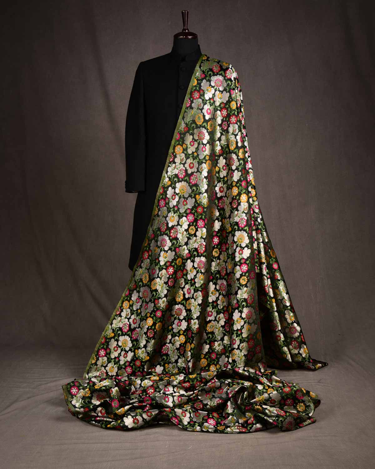 Black Multi-Color Floral Jaal Satin Kimkhwab Brocade Handwoven Viscose Silk Banarasi Fabric-HolyWeaves