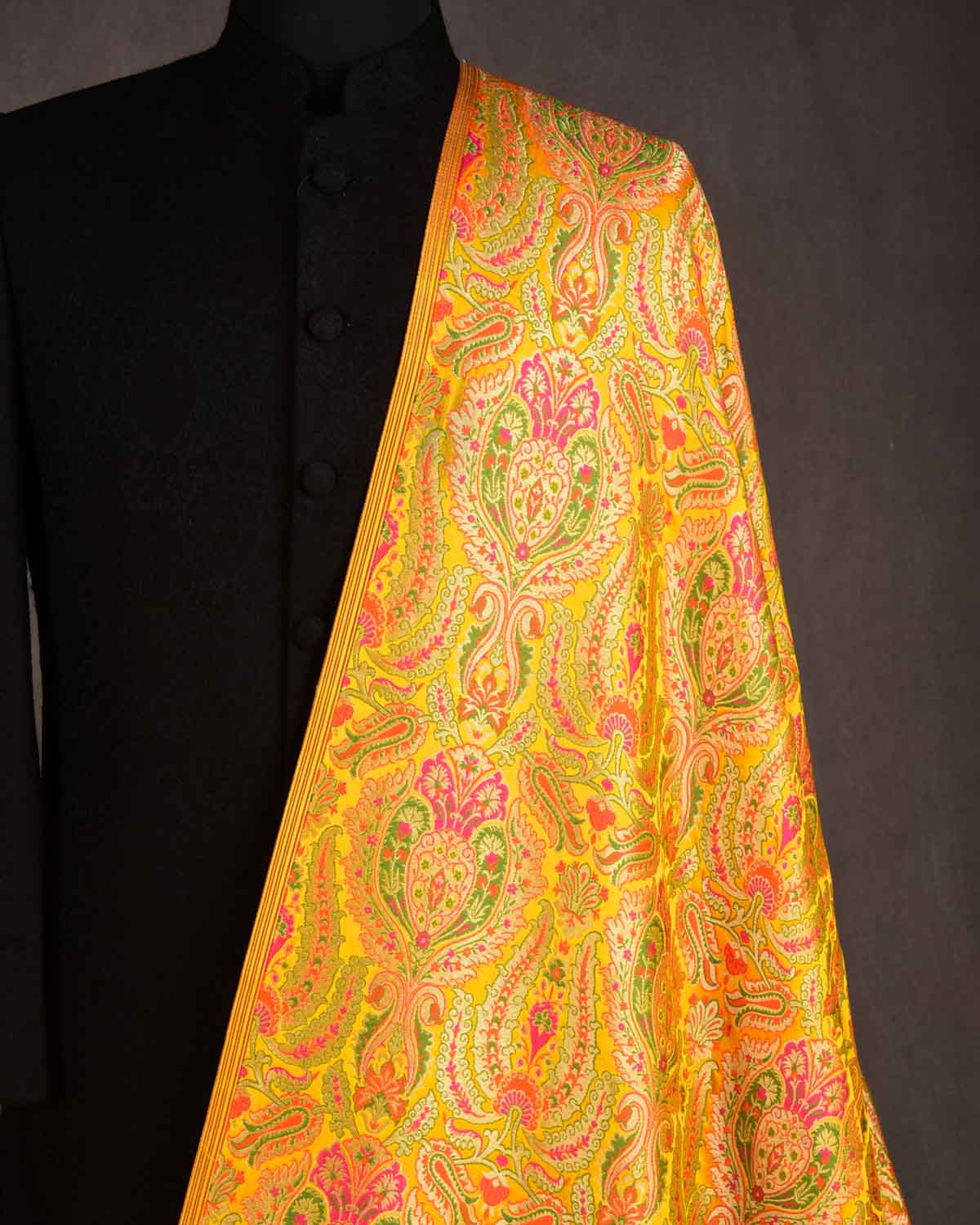 Yellow Multi-Color Classic Traditional Satin Kimkhwab Brocade Handwoven Viscose Silk Banarasi Fabric-HolyWeaves