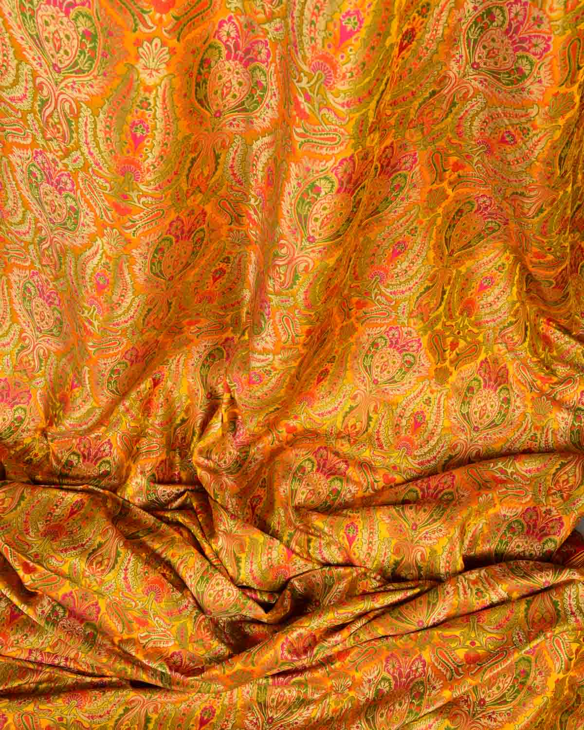 Yellow Multi-Color Classic Traditional Satin Kimkhwab Brocade Handwoven Viscose Silk Banarasi Fabric-HolyWeaves