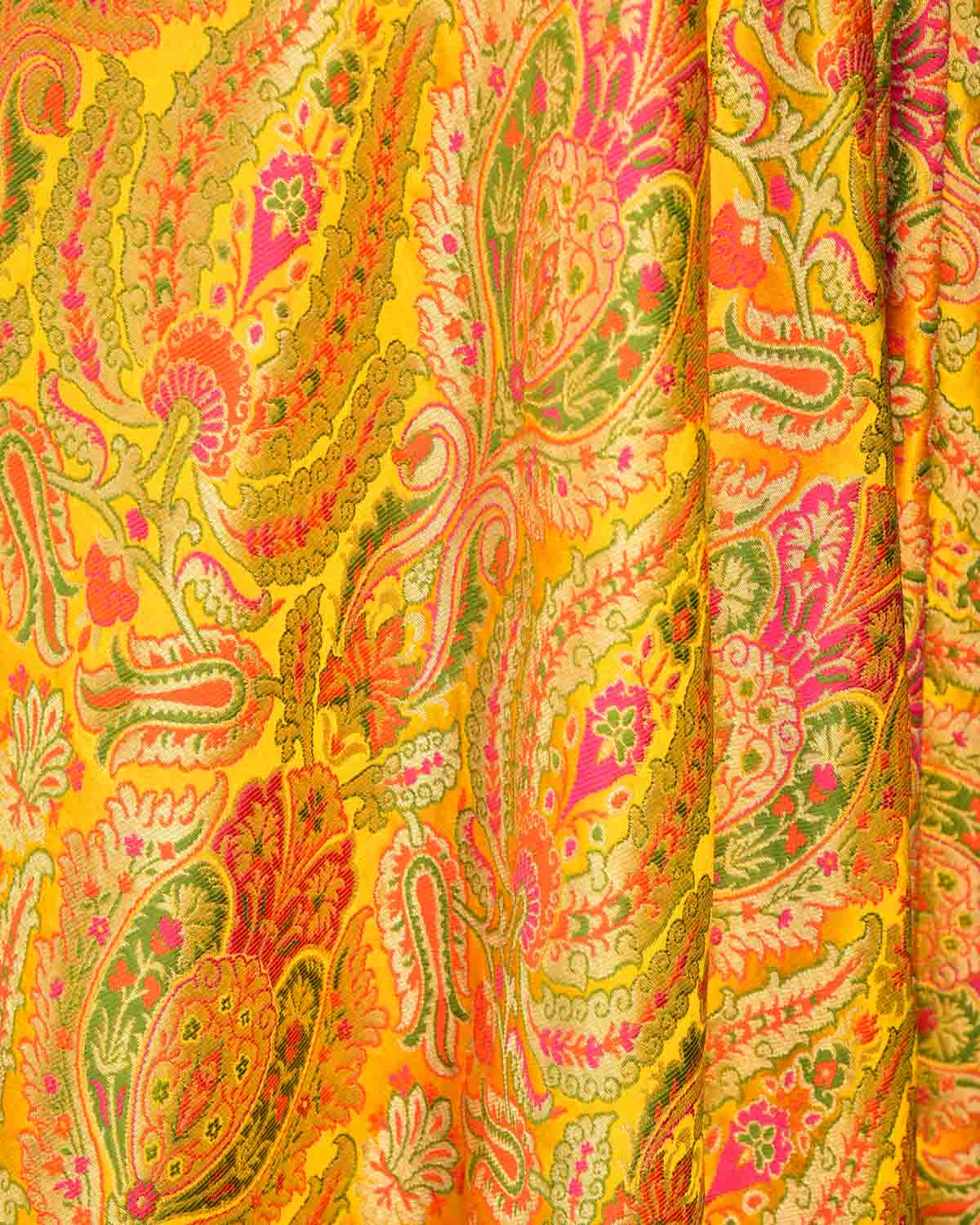 Yellow Multi-Color Classic Traditional Satin Kimkhwab Brocade Handwoven Viscose Silk Banarasi Fabric-HolyWeaves