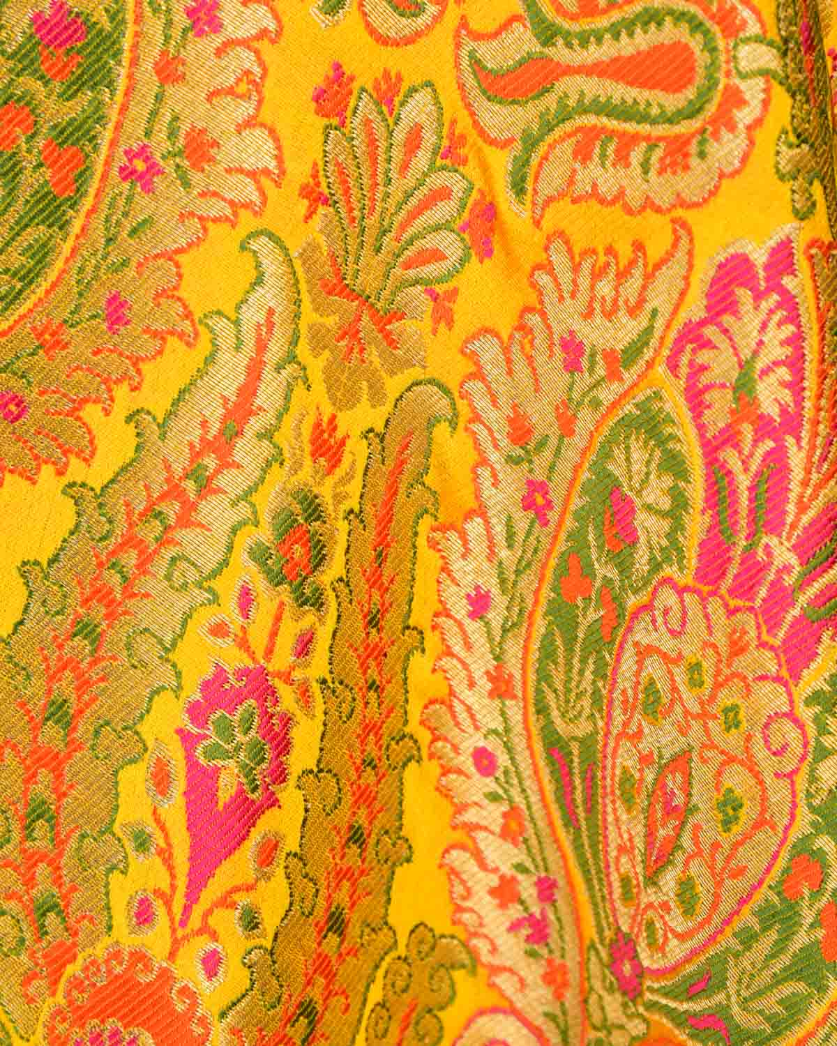 Yellow Multi-Color Classic Traditional Satin Kimkhwab Brocade Handwoven Viscose Silk Banarasi Fabric-HolyWeaves