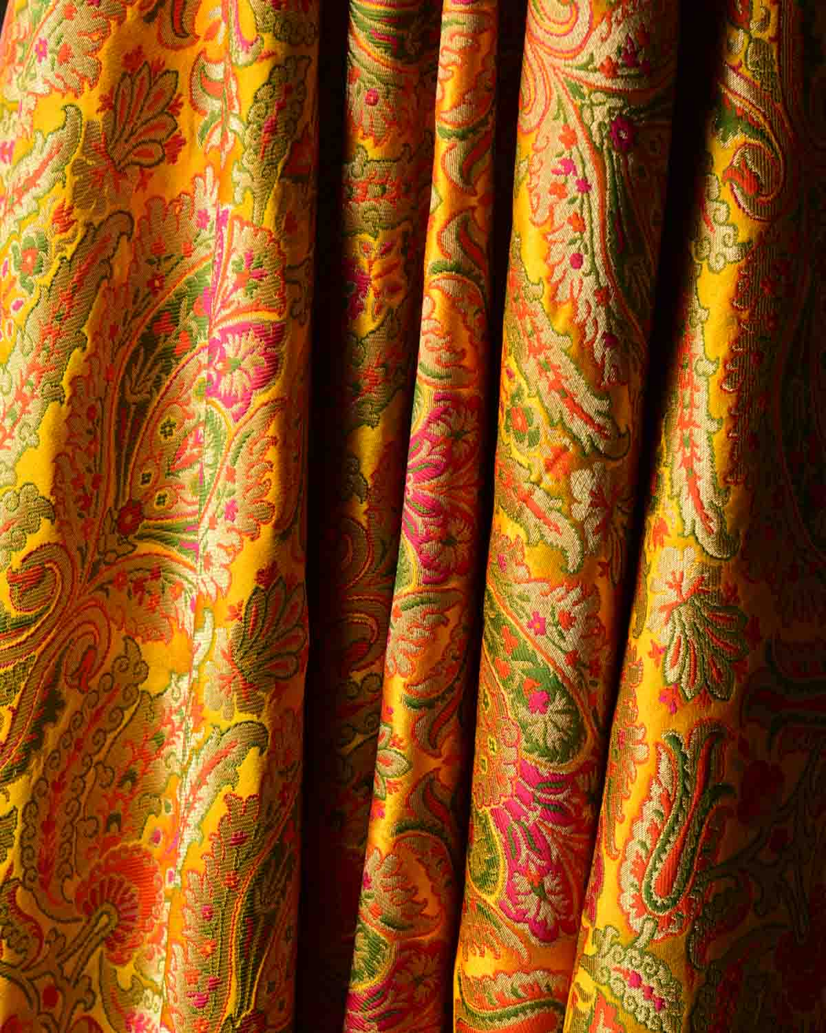 Yellow Multi-Color Classic Traditional Satin Kimkhwab Brocade Handwoven Viscose Silk Banarasi Fabric-HolyWeaves