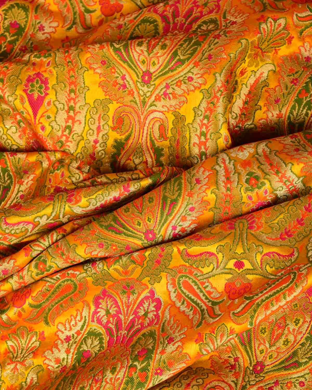 Yellow Multi-Color Classic Traditional Satin Kimkhwab Brocade Handwoven Viscose Silk Banarasi Fabric-HolyWeaves