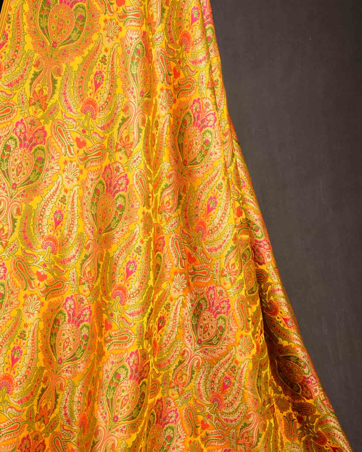 Yellow Multi-Color Classic Traditional Satin Kimkhwab Brocade Handwoven Viscose Silk Banarasi Fabric-HolyWeaves