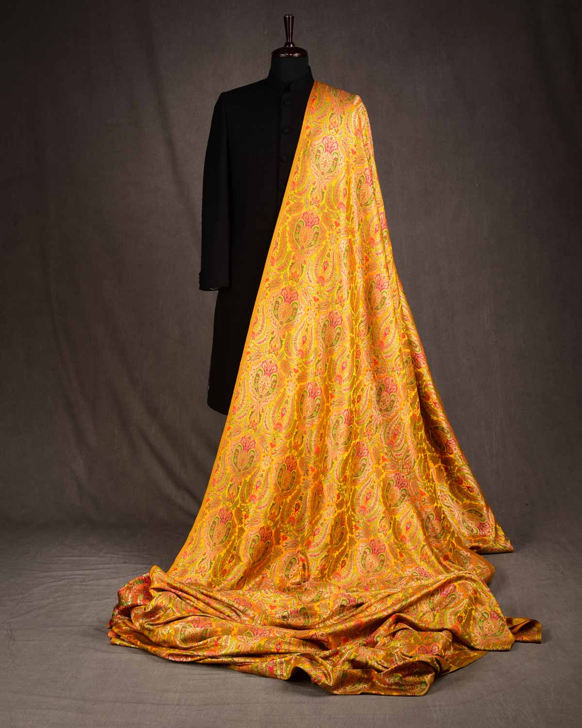Yellow Multi-Color Classic Traditional Satin Kimkhwab Brocade Handwoven Viscose Silk Banarasi Fabric-HolyWeaves