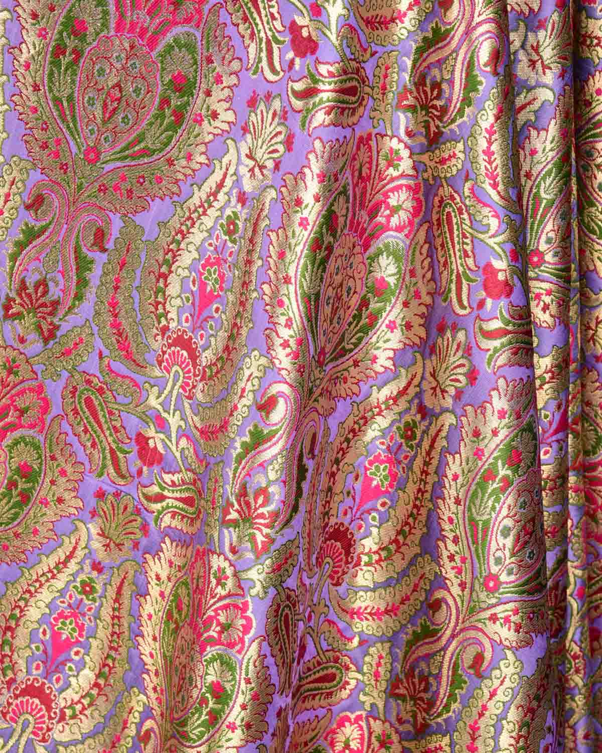 Mauve Multi-Color Classic Traditional Satin Kimkhwab Brocade Handwoven Viscose Silk Banarasi Fabric-HolyWeaves