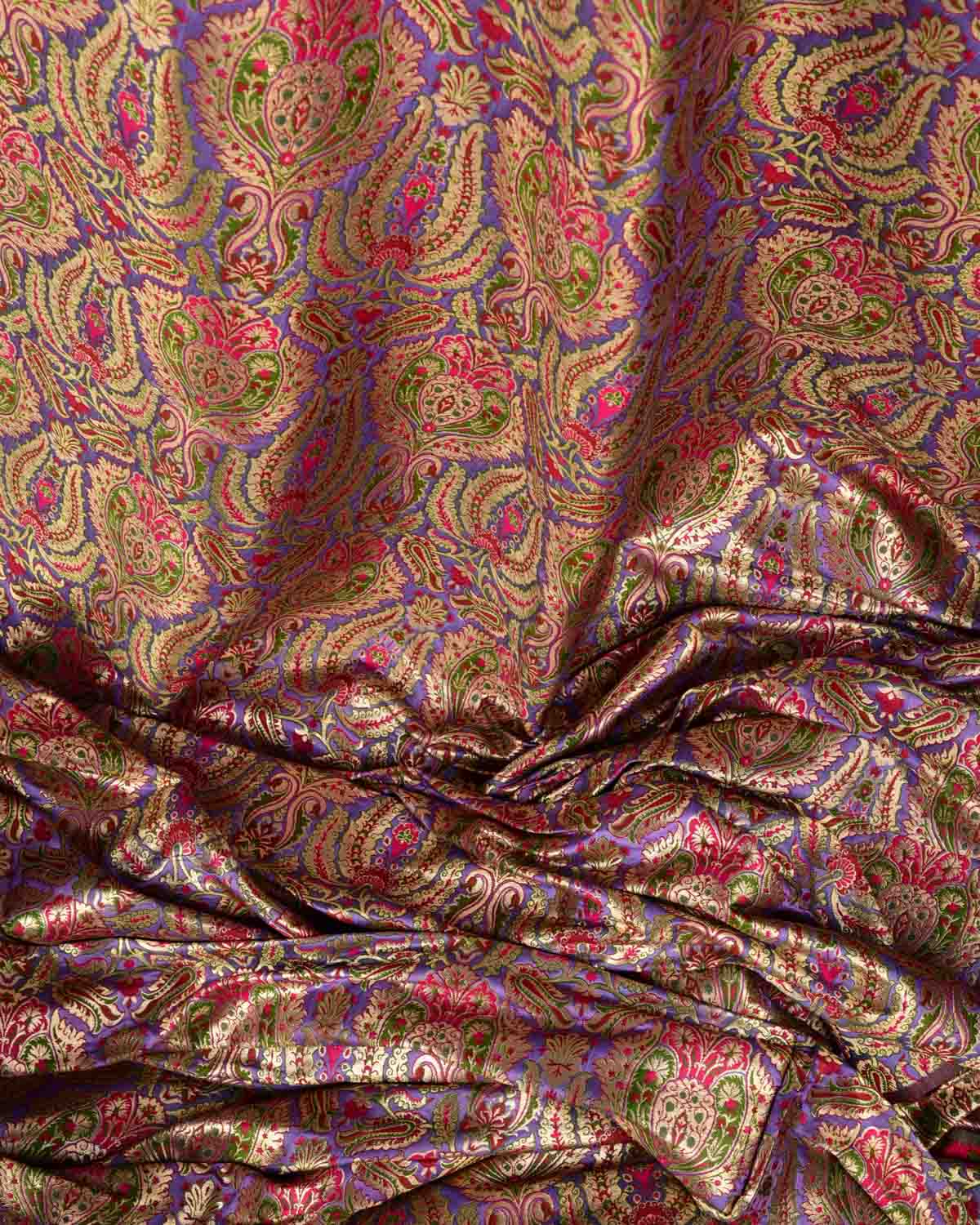 Mauve Multi-Color Classic Traditional Satin Kimkhwab Brocade Handwoven Viscose Silk Banarasi Fabric-HolyWeaves