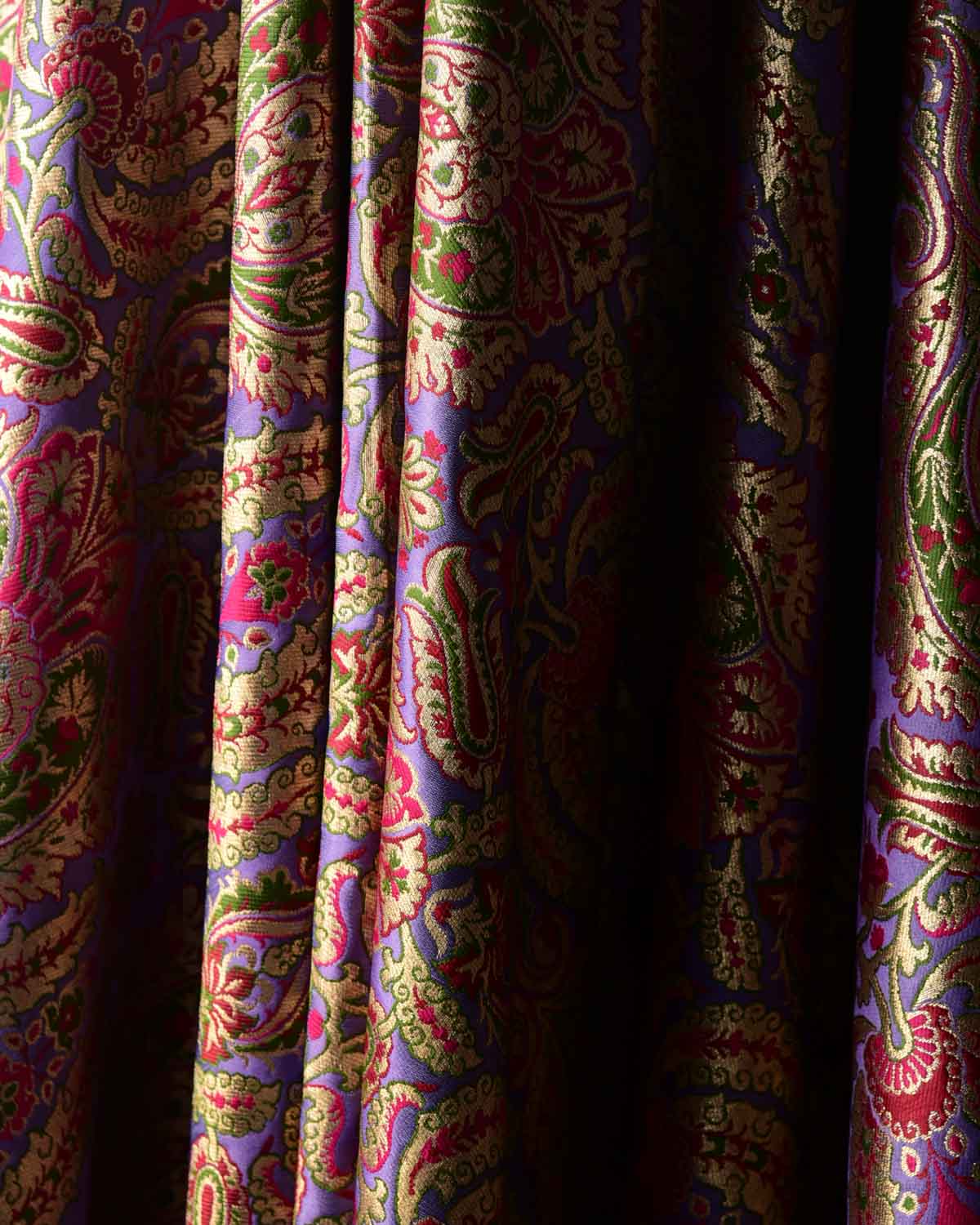 Mauve Multi-Color Classic Traditional Satin Kimkhwab Brocade Handwoven Viscose Silk Banarasi Fabric-HolyWeaves