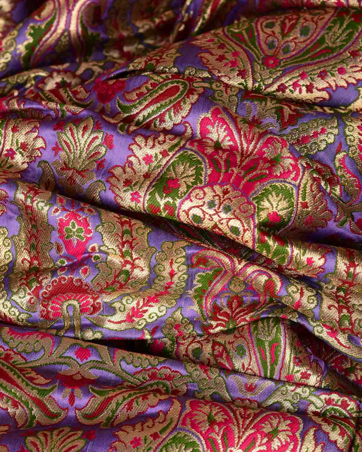 Mauve Multi-Color Classic Traditional Satin Kimkhwab Brocade Handwoven Viscose Silk Banarasi Fabric-HolyWeaves