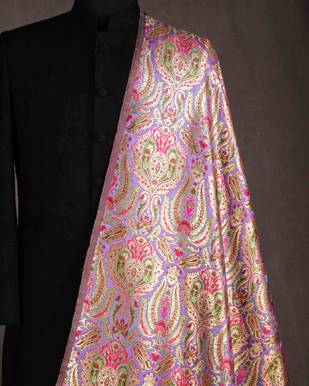 Mauve Multi-Color Classic Traditional Satin Kimkhwab Brocade Handwoven Viscose Silk Banarasi Fabric-HolyWeaves