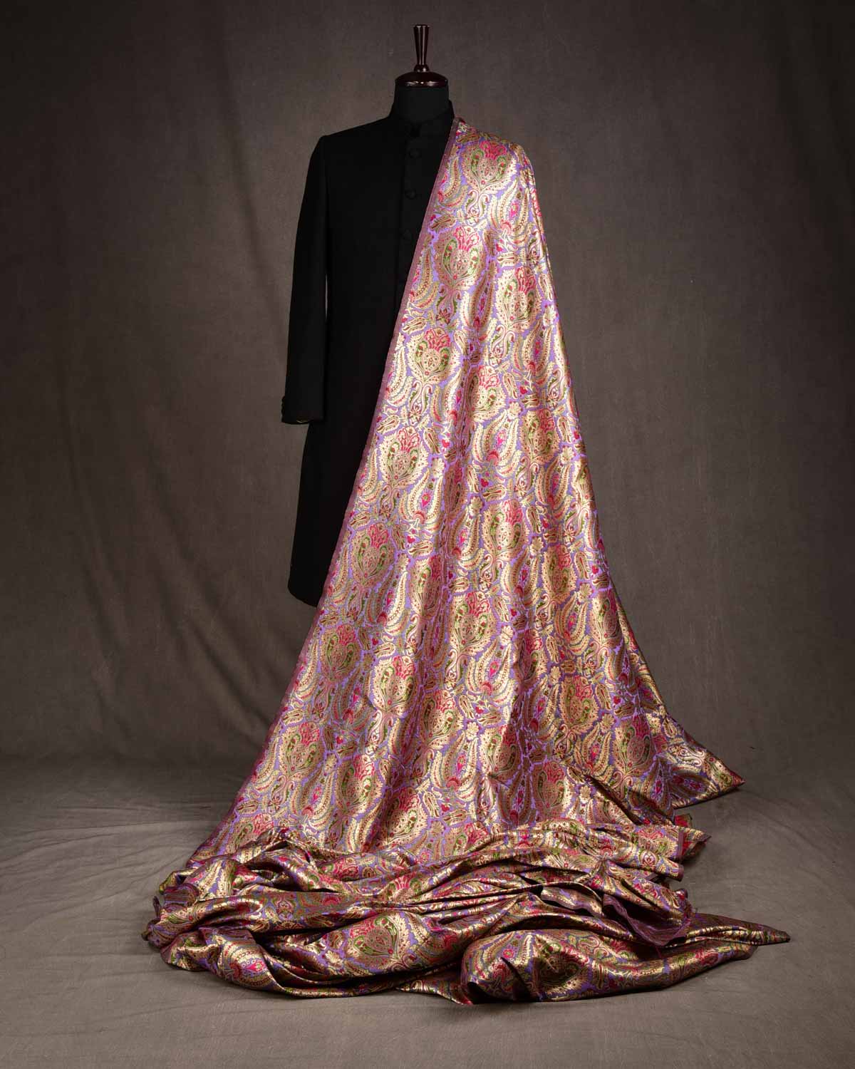 Mauve Multi-Color Classic Traditional Satin Kimkhwab Brocade Handwoven Viscose Silk Banarasi Fabric-HolyWeaves