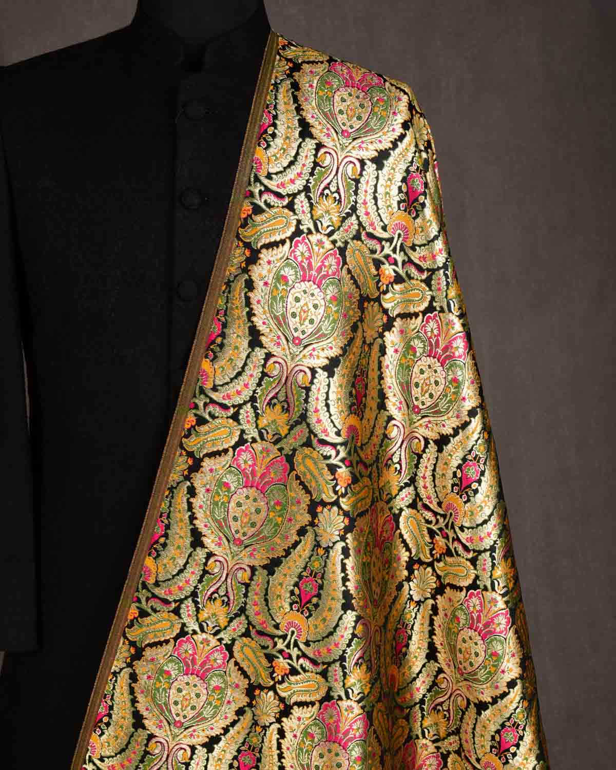 Black Multi-Color Classic Traditional Satin Kimkhwab Brocade Handwoven Viscose Silk Banarasi Fabric-HolyWeaves