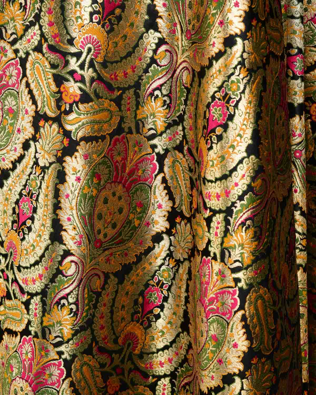 Black Multi-Color Classic Traditional Satin Kimkhwab Brocade Handwoven Viscose Silk Banarasi Fabric-HolyWeaves