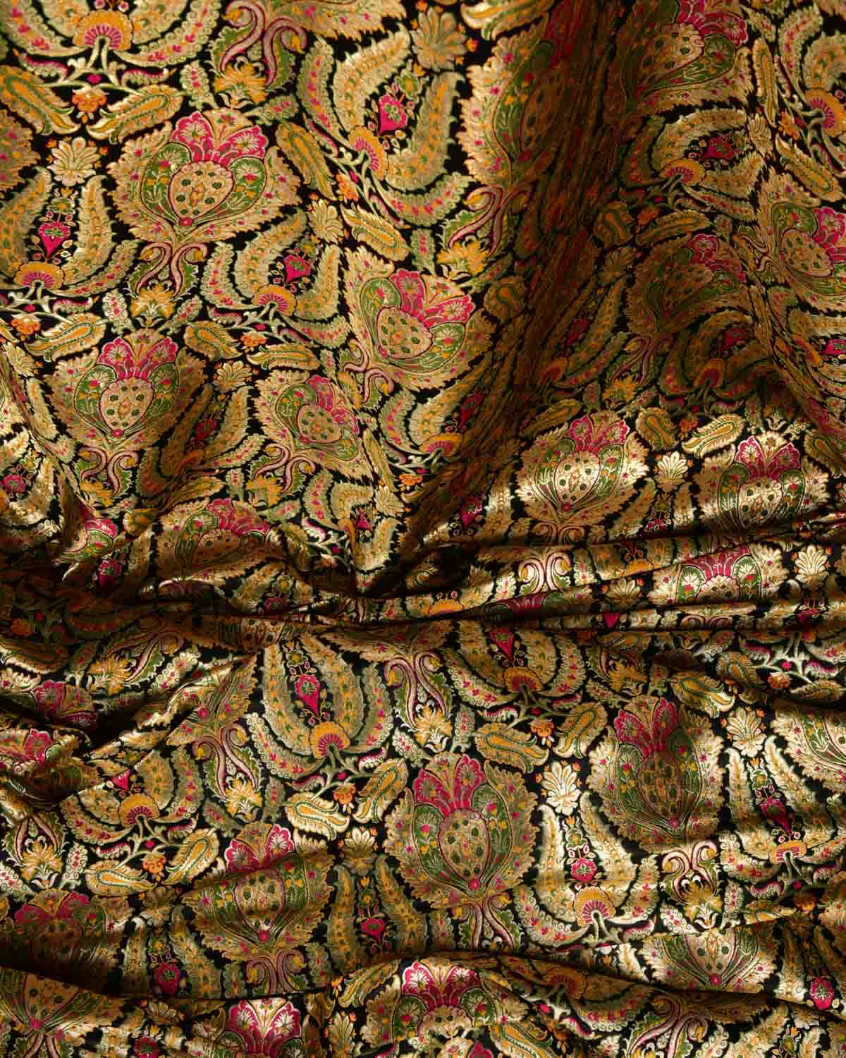 Black Multi-Color Classic Traditional Satin Kimkhwab Brocade Handwoven Viscose Silk Banarasi Fabric-HolyWeaves