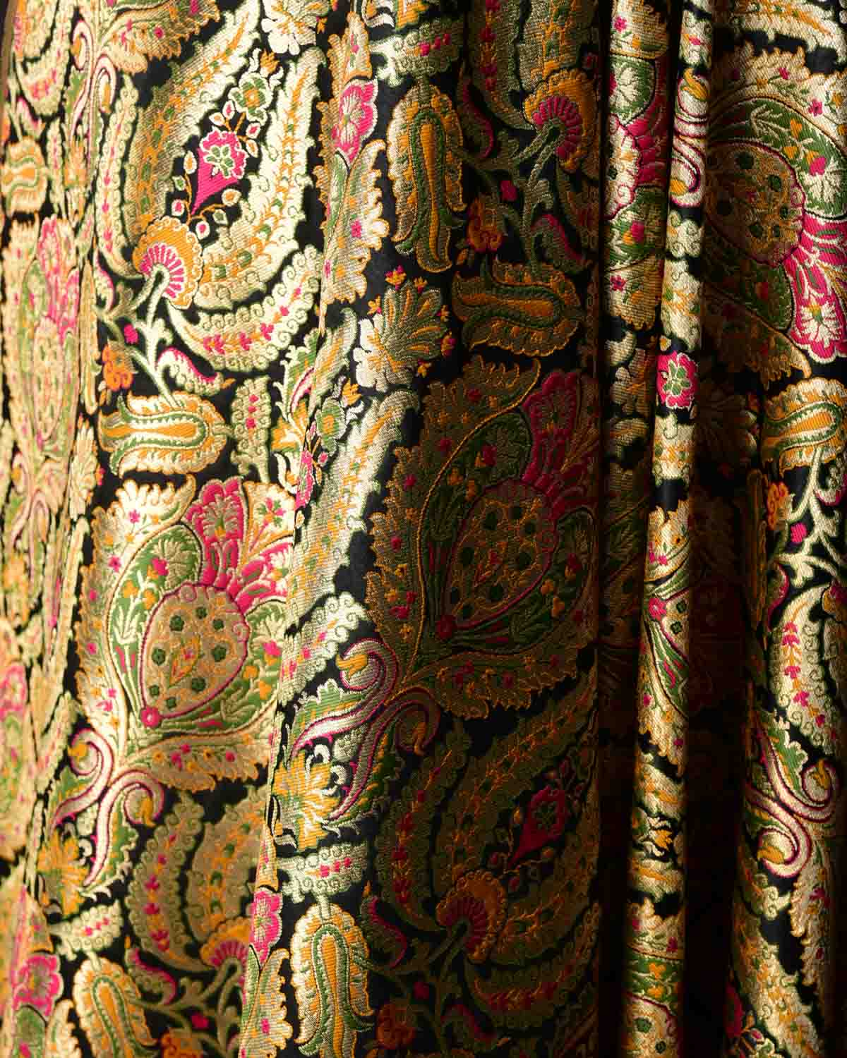 Black Multi-Color Classic Traditional Satin Kimkhwab Brocade Handwoven Viscose Silk Banarasi Fabric-HolyWeaves