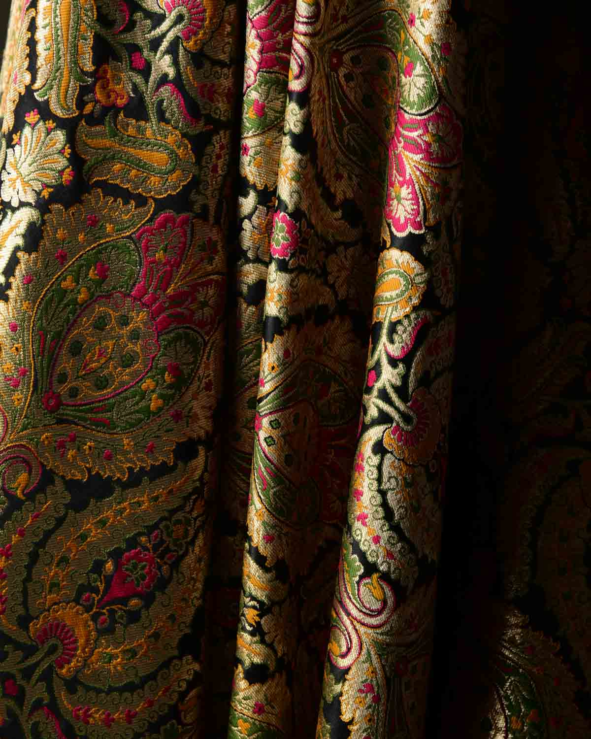 Black Multi-Color Classic Traditional Satin Kimkhwab Brocade Handwoven Viscose Silk Banarasi Fabric-HolyWeaves