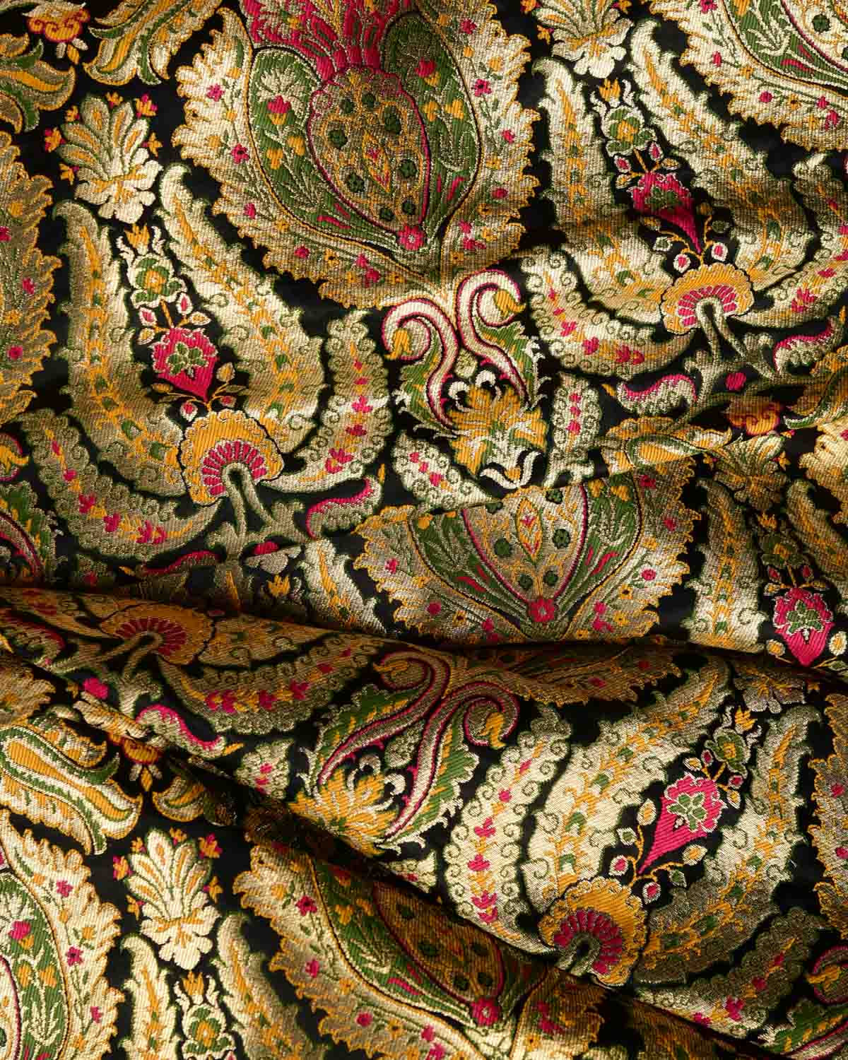 Black Multi-Color Classic Traditional Satin Kimkhwab Brocade Handwoven Viscose Silk Banarasi Fabric-HolyWeaves
