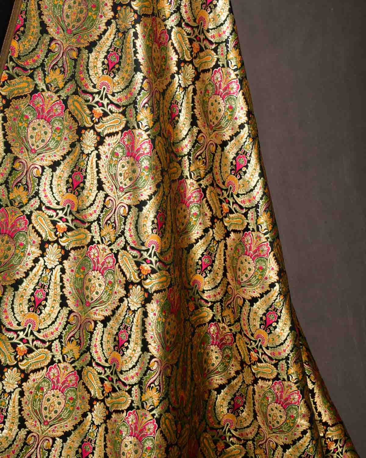 Black Multi-Color Classic Traditional Satin Kimkhwab Brocade Handwoven Viscose Silk Banarasi Fabric-HolyWeaves