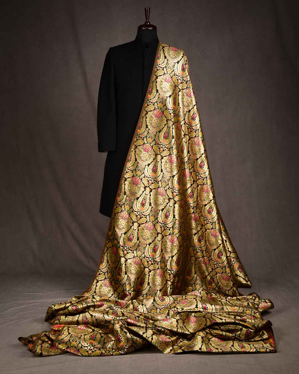 Black Multi-Color Classic Traditional Satin Kimkhwab Brocade Handwoven Viscose Silk Banarasi Fabric-HolyWeaves