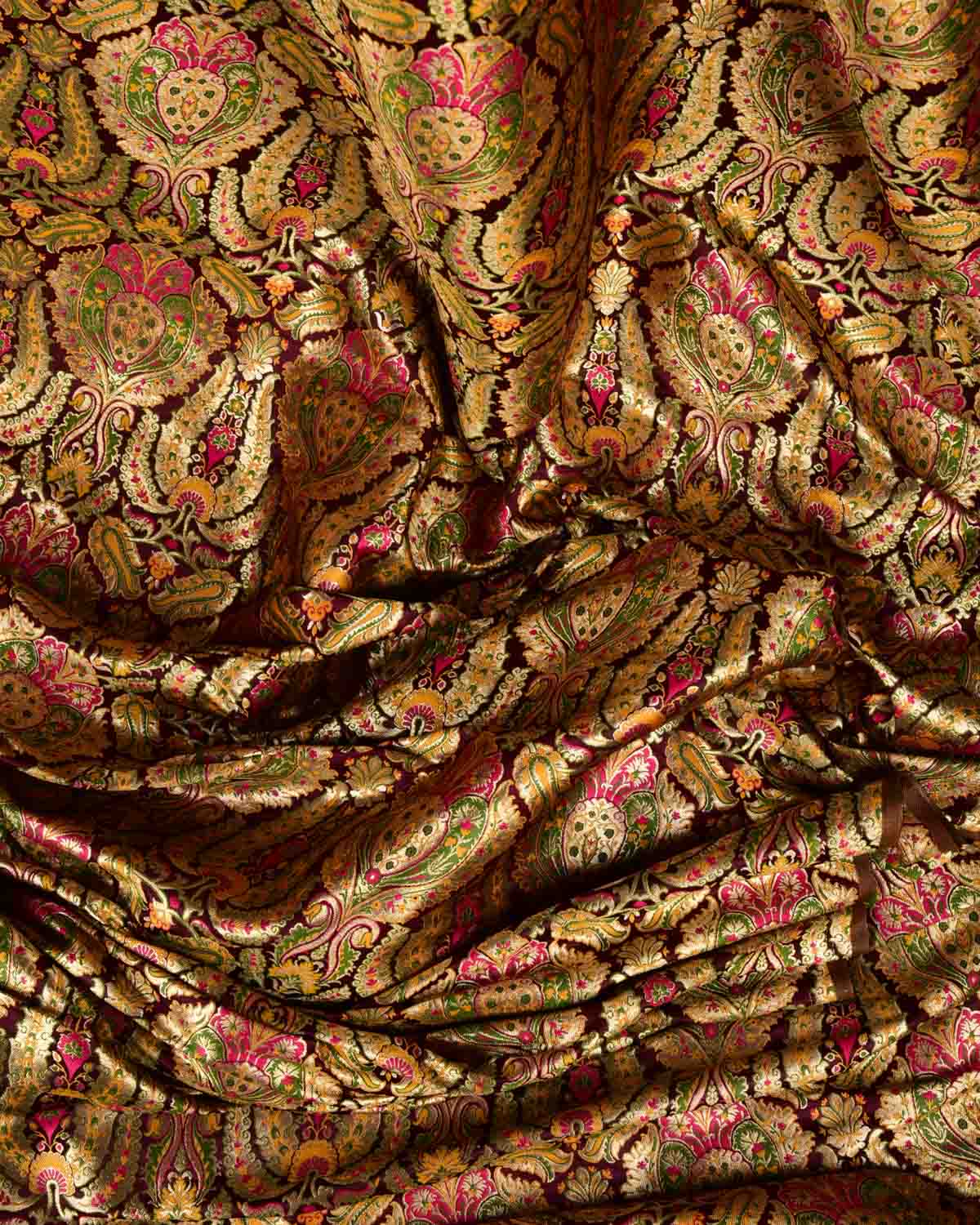 Mahogany Multi-Color Classic Traditional Satin Kimkhwab Brocade Handwoven Viscose Silk Banarasi Fabric-HolyWeaves
