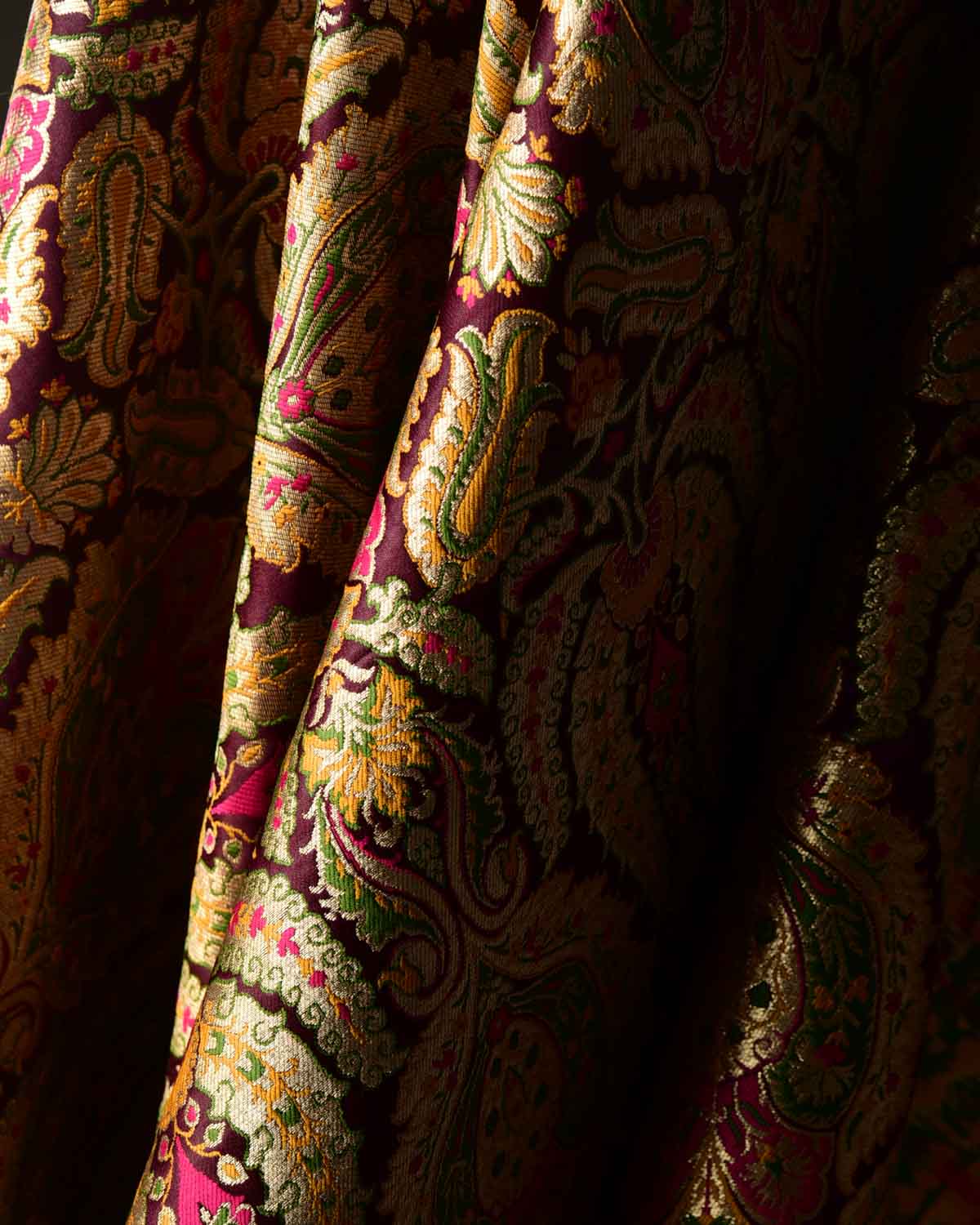 Mahogany Multi-Color Classic Traditional Satin Kimkhwab Brocade Handwoven Viscose Silk Banarasi Fabric-HolyWeaves