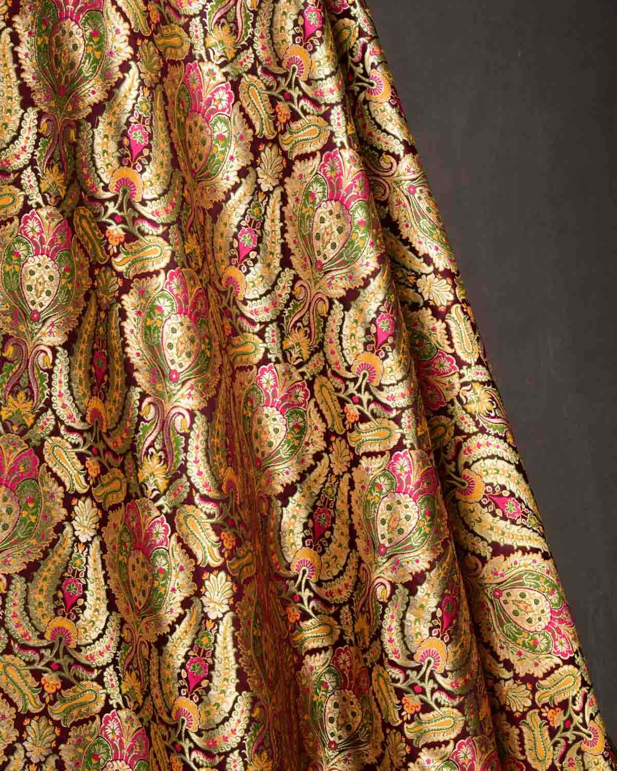 Mahogany Multi-Color Classic Traditional Satin Kimkhwab Brocade Handwoven Viscose Silk Banarasi Fabric-HolyWeaves