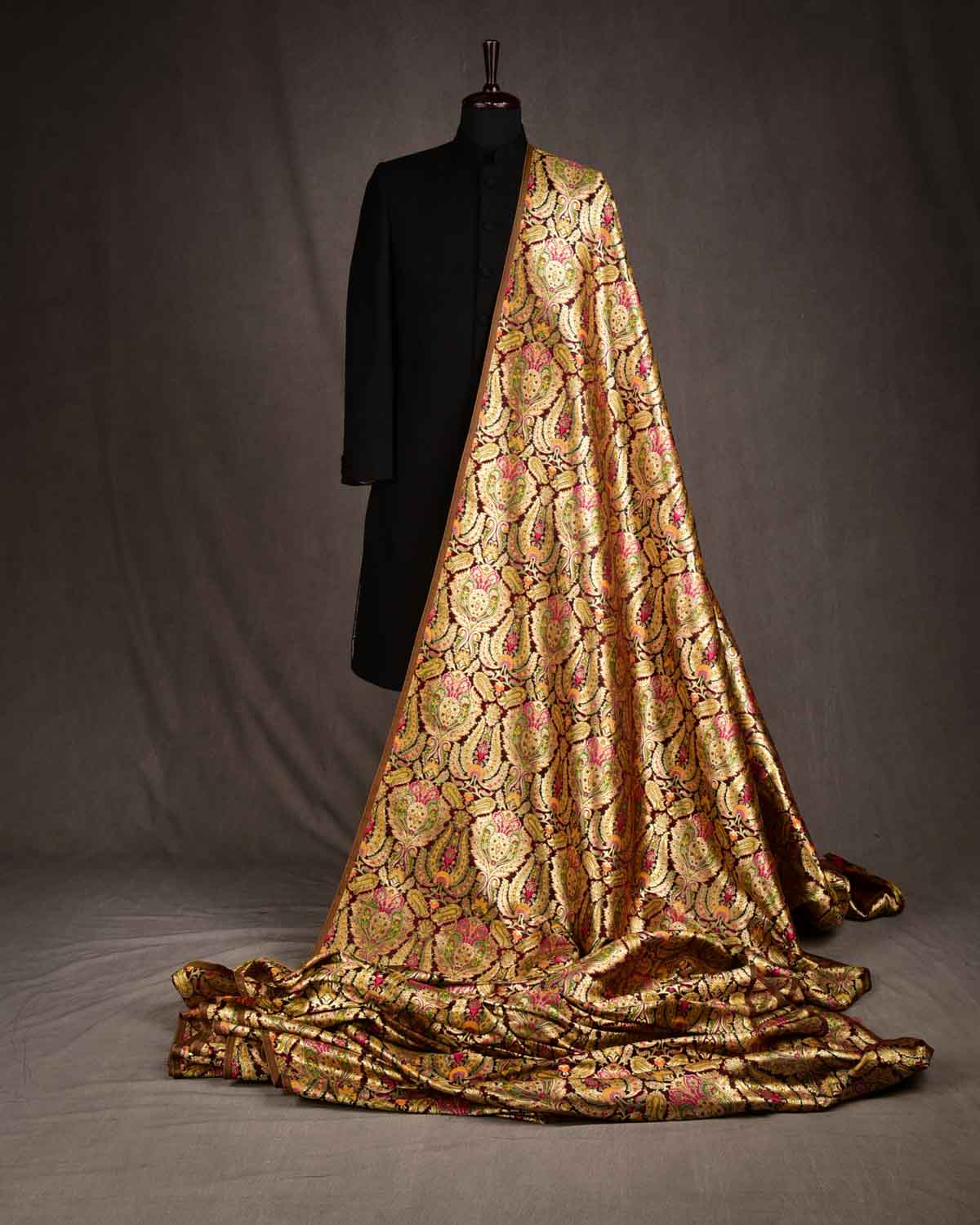 Mahogany Multi-Color Classic Traditional Satin Kimkhwab Brocade Handwoven Viscose Silk Banarasi Fabric-HolyWeaves