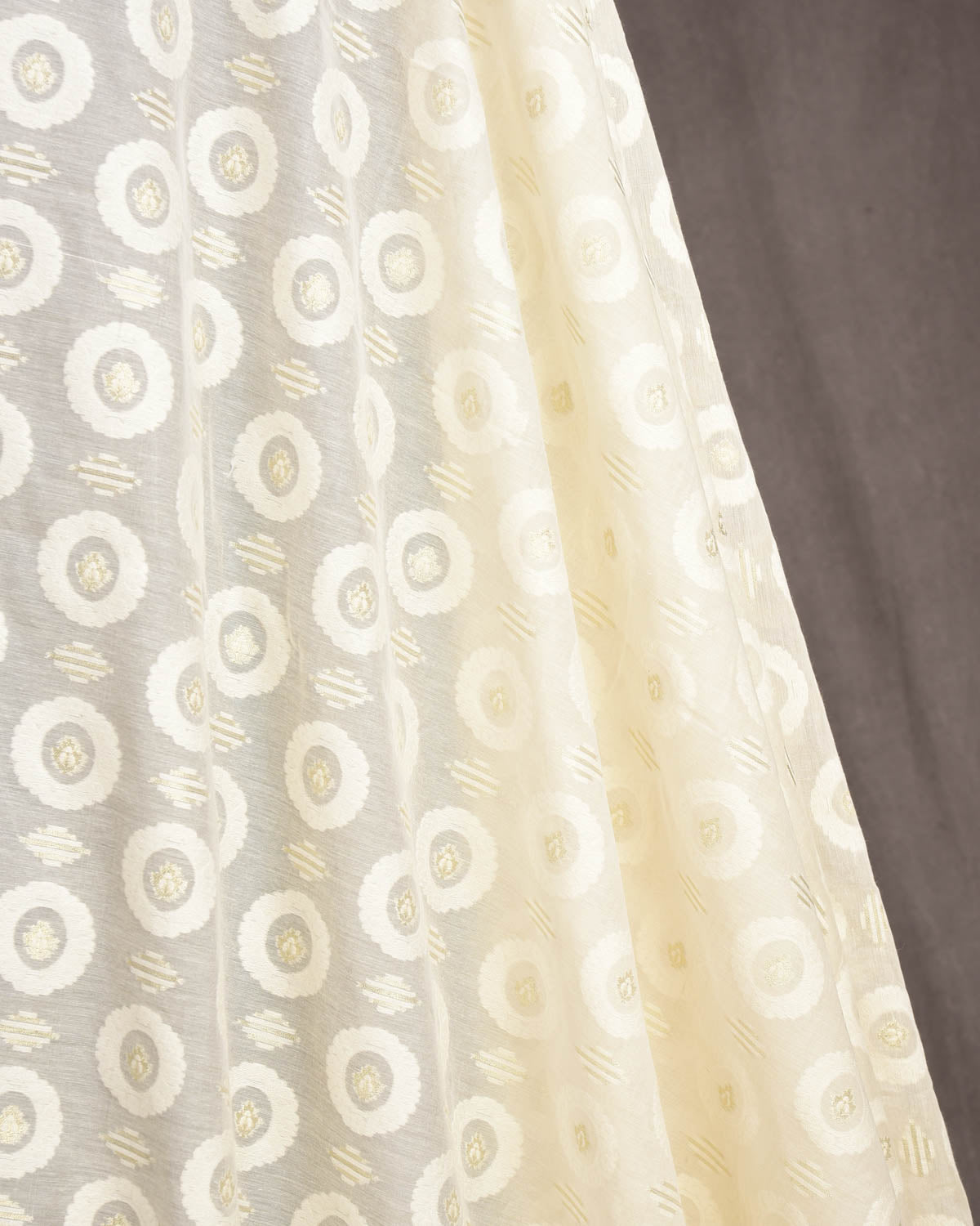 Ivory White Silver Zari Contemporary Cutwork Brocade Woven Cotton Silk Banarasi Fabric-HolyWeaves