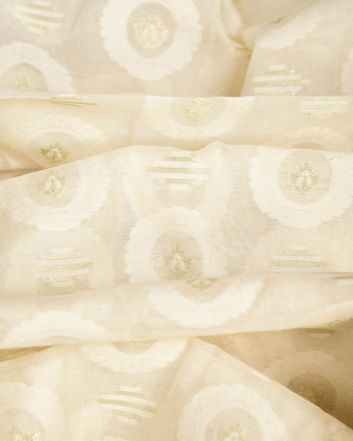 Ivory White Silver Zari Contemporary Cutwork Brocade Woven Cotton Silk Banarasi Fabric-HolyWeaves