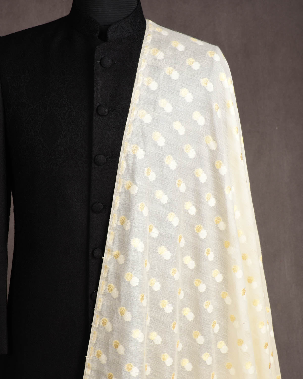 Ivory White Gold Zari Buti Cutwork Brocade Woven Cotton Silk Banarasi Fabric-HolyWeaves