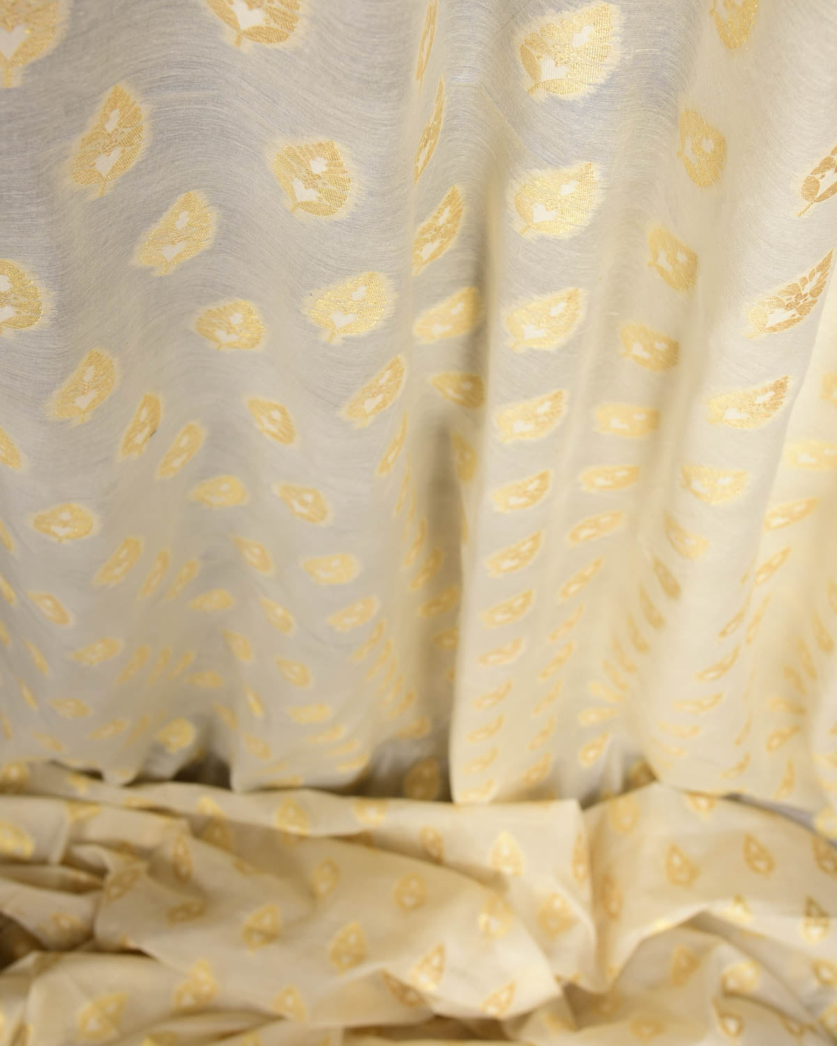 Ivory White Gold Zari Leaf Buti Cutwork Brocade Woven Cotton Silk Banarasi Fabric-HolyWeaves