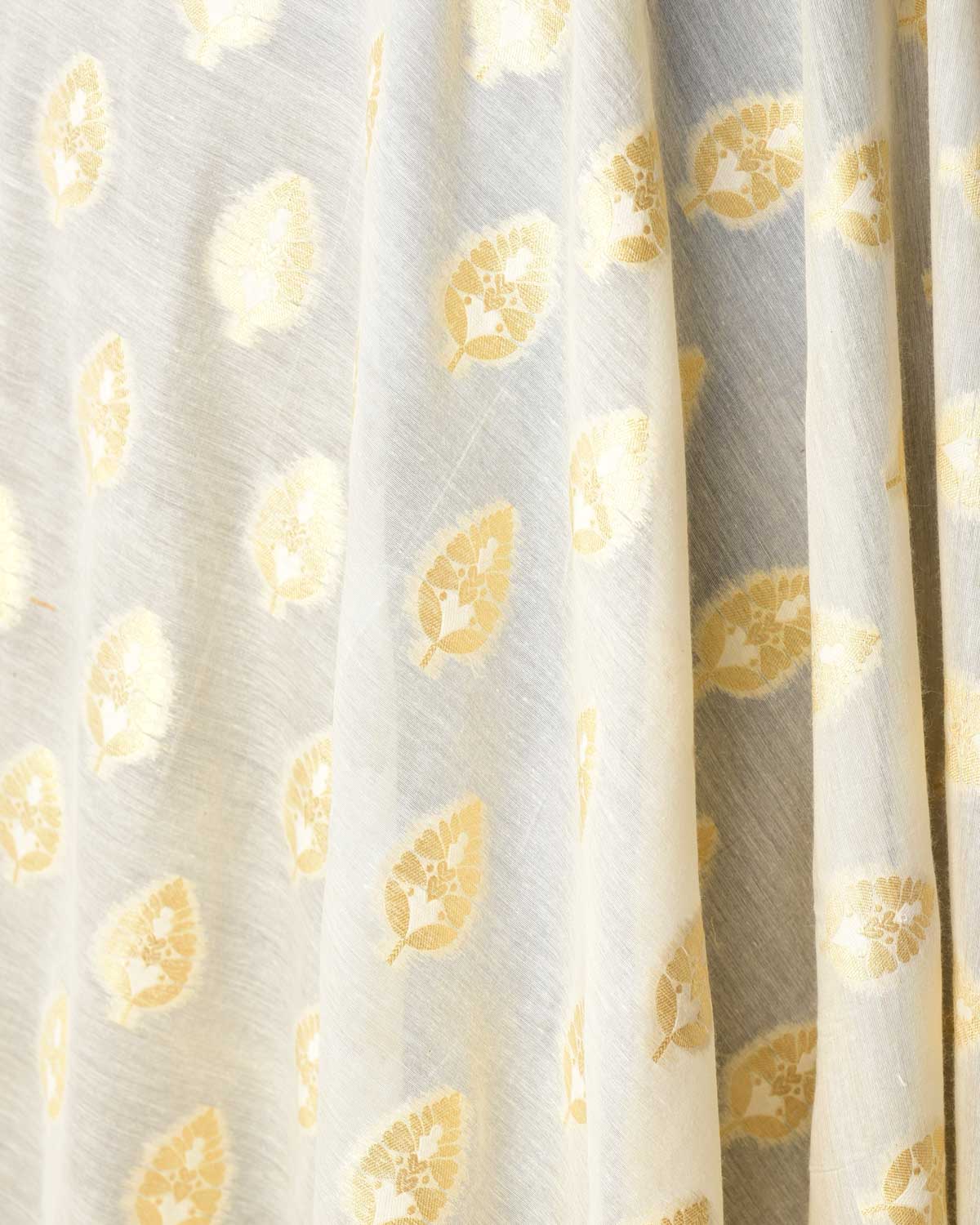 Ivory White Gold Zari Leaf Buti Cutwork Brocade Woven Cotton Silk Banarasi Fabric-HolyWeaves