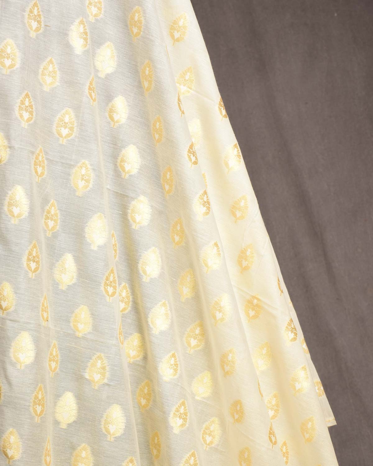 Ivory White Gold Zari Leaf Buti Cutwork Brocade Woven Cotton Silk Banarasi Fabric-HolyWeaves