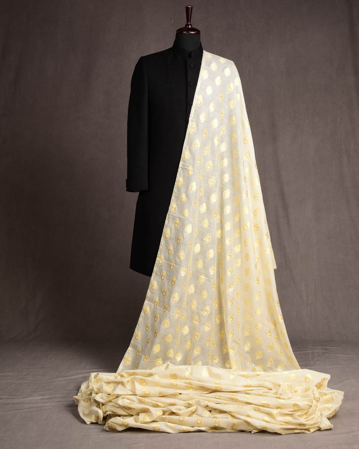 Ivory White Gold Zari Leaf Buti Cutwork Brocade Woven Cotton Silk Banarasi Fabric-HolyWeaves