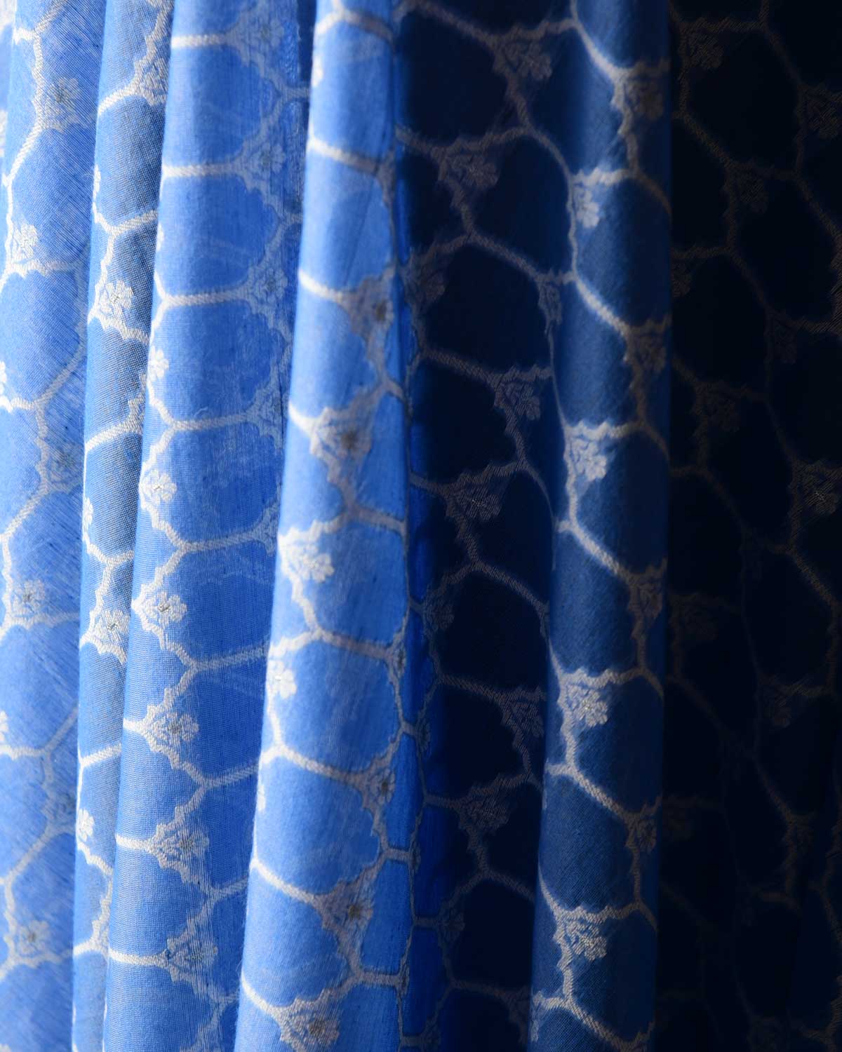 Powder Blue Silver Zari & White Resham Cutwork Brocade Woven Cotton Silk Banarasi Fabric-HolyWeaves