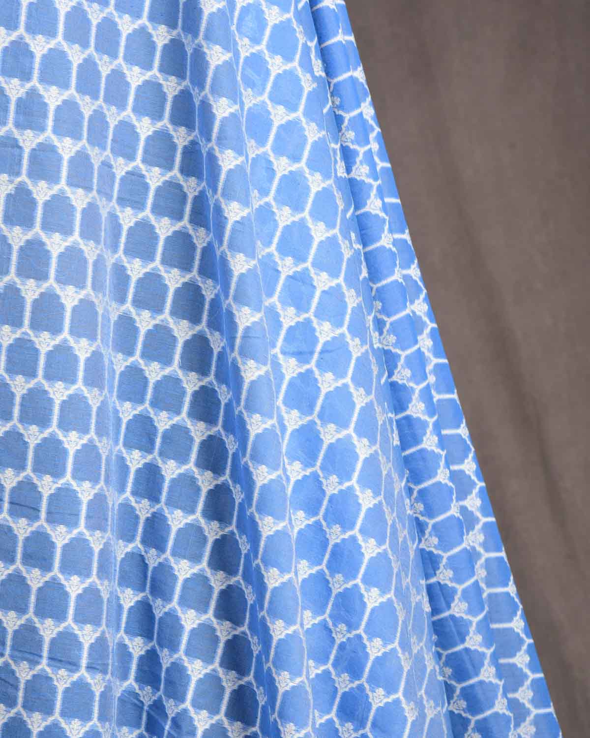 Powder Blue Silver Zari & White Resham Cutwork Brocade Woven Cotton Silk Banarasi Fabric-HolyWeaves