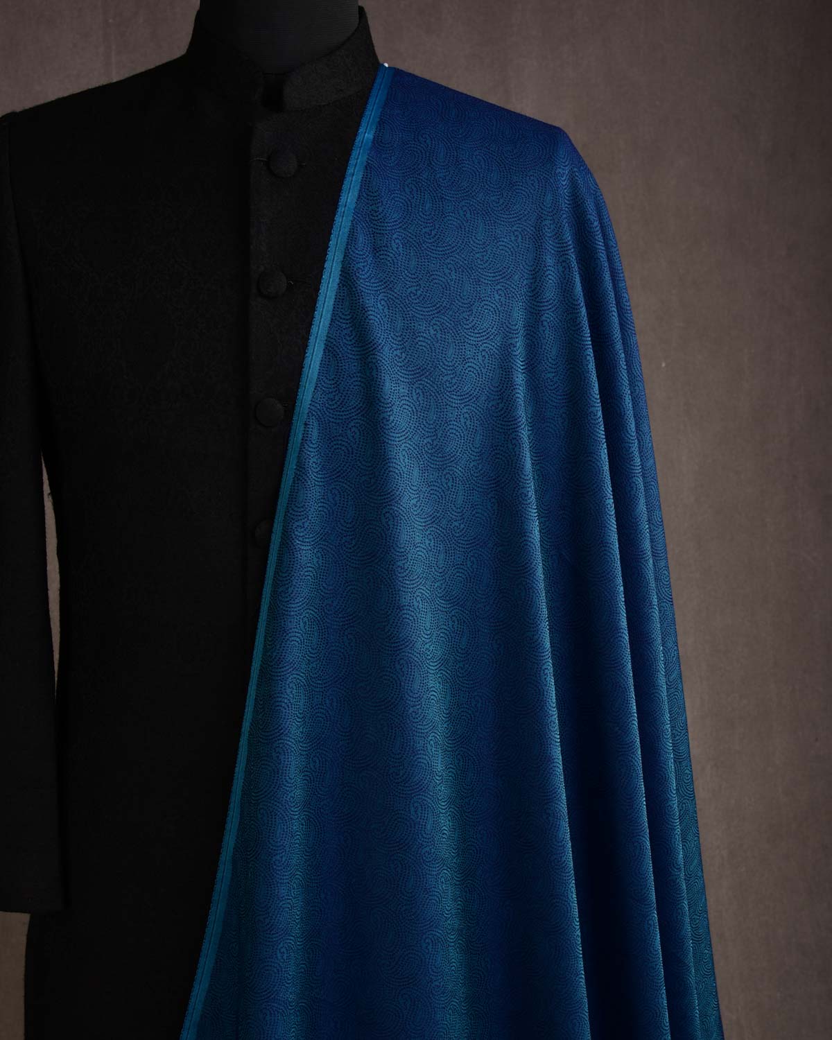 Shot Teal Blue Dotted Paisley Tanchoi Woven Poly Cotton Silk Banarasi Fabric-HolyWeaves