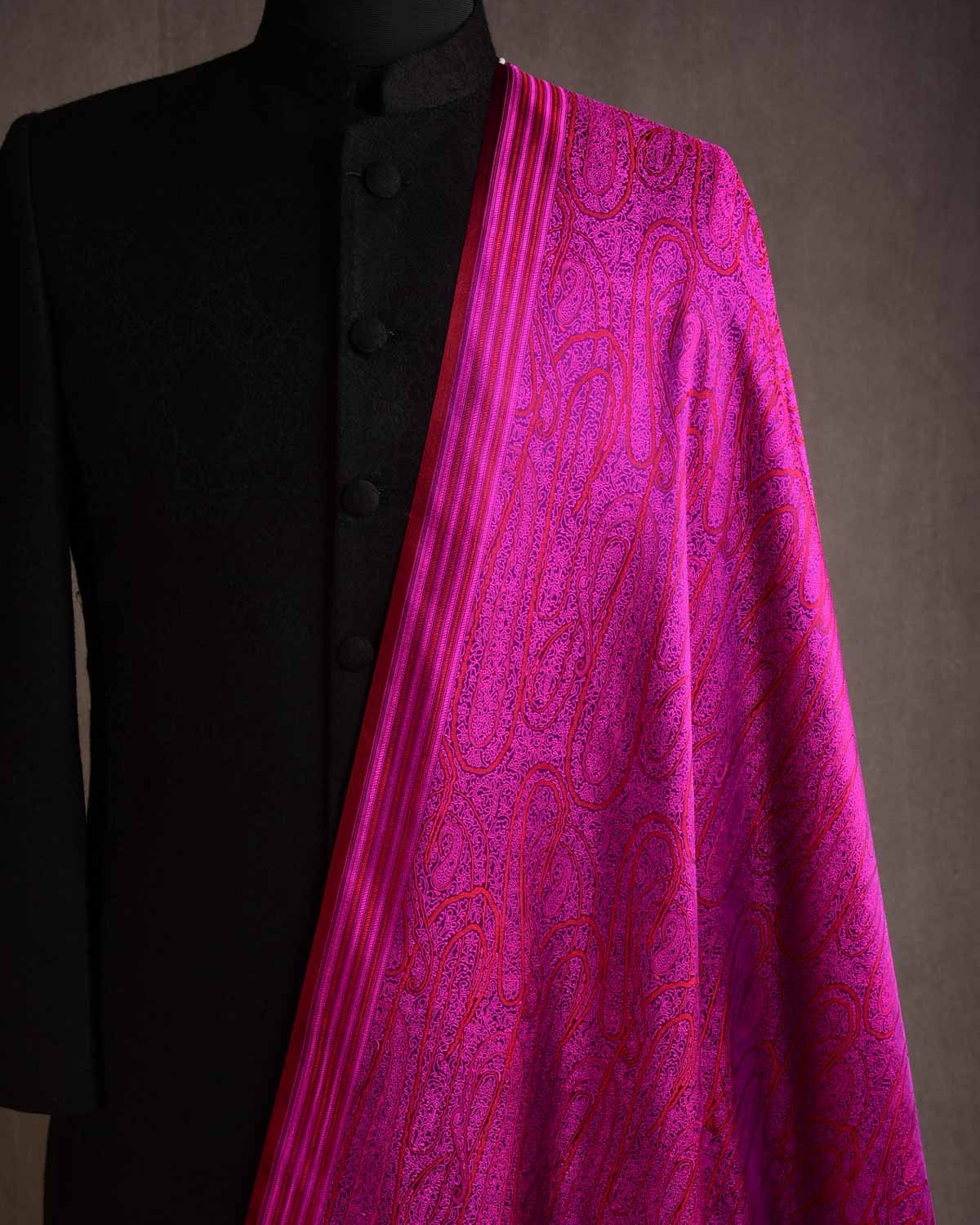 Shot Red-Pink On Purple Badi Kairy Satin Tanchoi Handwoven Katan Silk Banarasi Fabric-HolyWeaves