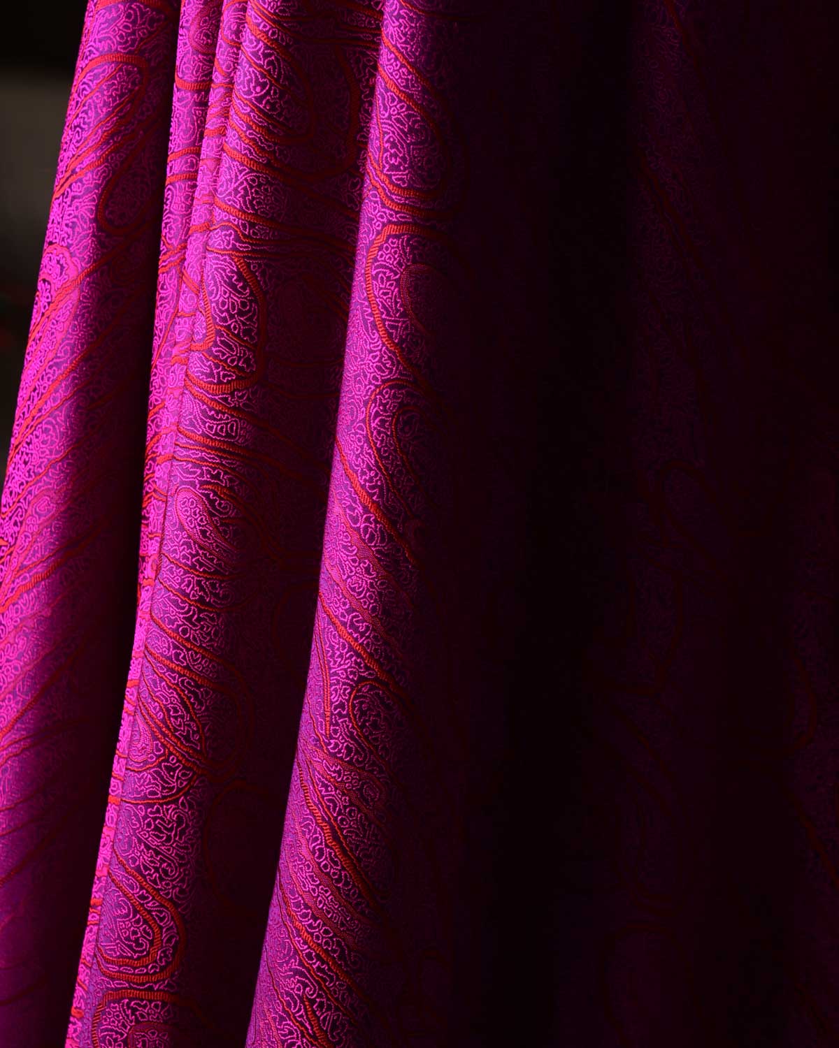 Shot Red-Pink On Purple Badi Kairy Satin Tanchoi Handwoven Katan Silk Banarasi Fabric-HolyWeaves