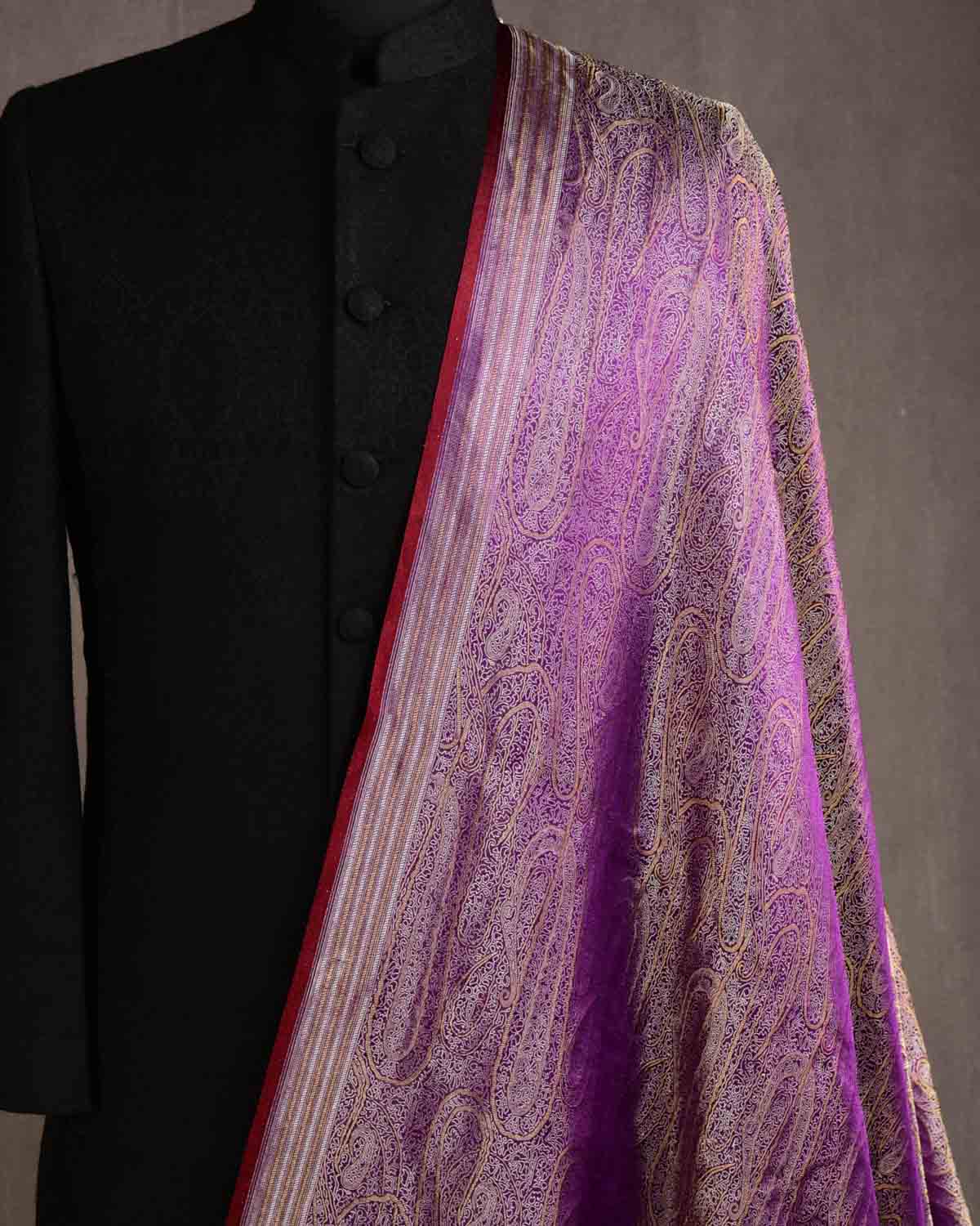 Purple Gold & Silver Zari Paisleys Satin Tanchoi Handwoven Katan Silk Banarasi Fabric-HolyWeaves