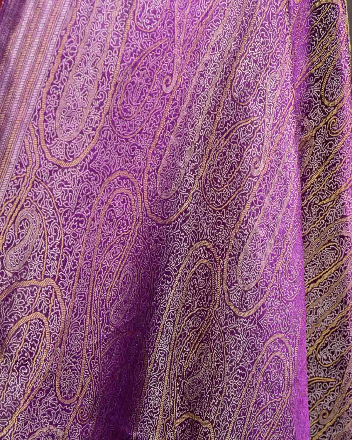 Purple Gold & Silver Zari Paisleys Satin Tanchoi Handwoven Katan Silk Banarasi Fabric-HolyWeaves