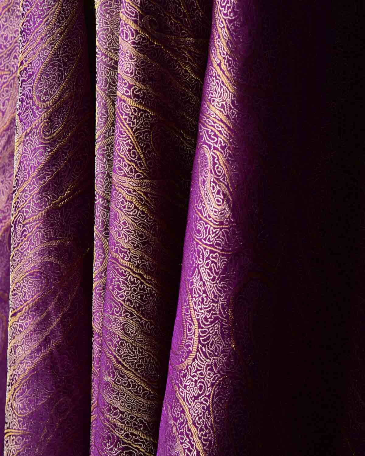 Purple Gold & Silver Zari Paisleys Satin Tanchoi Handwoven Katan Silk Banarasi Fabric-HolyWeaves