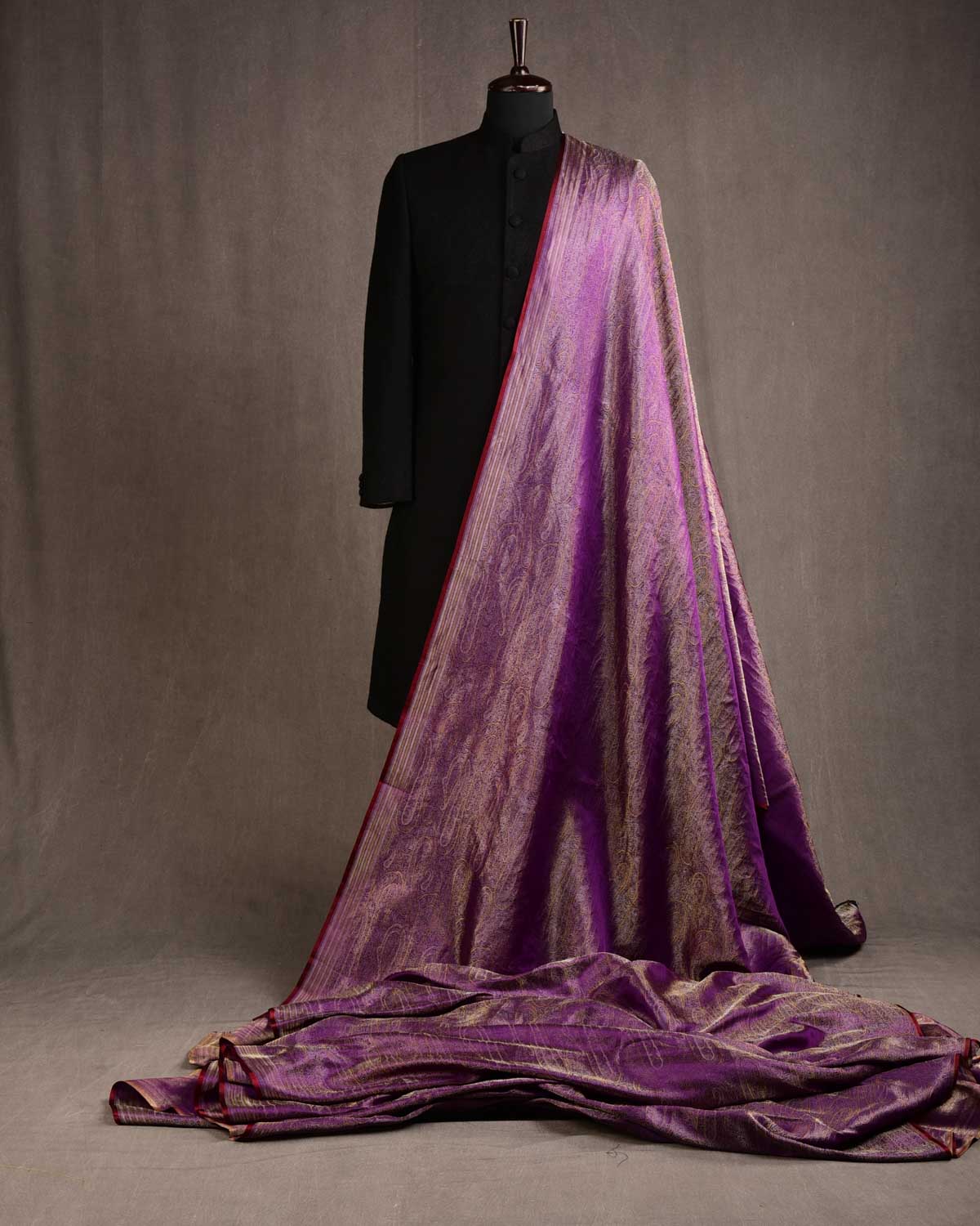 Purple Gold & Silver Zari Paisleys Satin Tanchoi Handwoven Katan Silk Banarasi Fabric-HolyWeaves